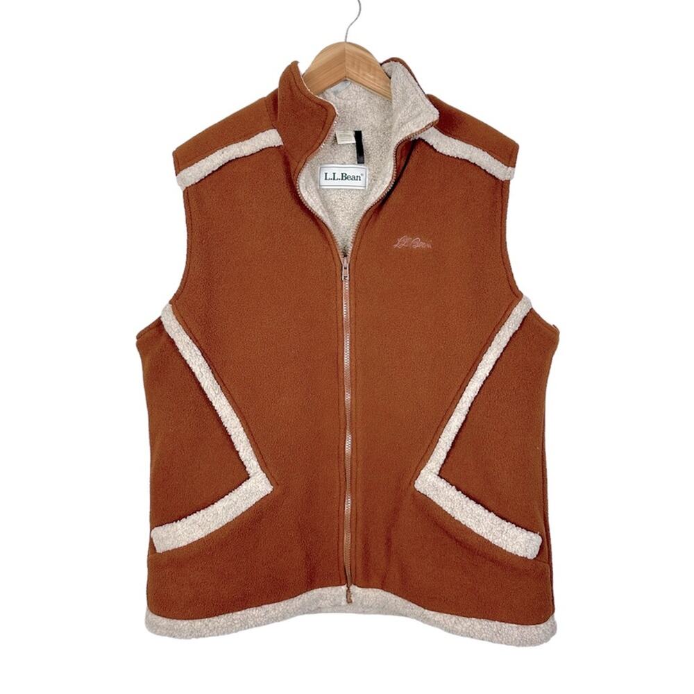 LL Bean Signature Shearling Fleece Vest Size Large Brown Oatmeal Zip up